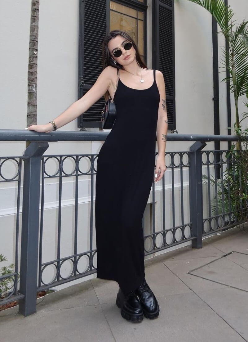 Ana Shumiski In Black Strap Sleeves Long Dress