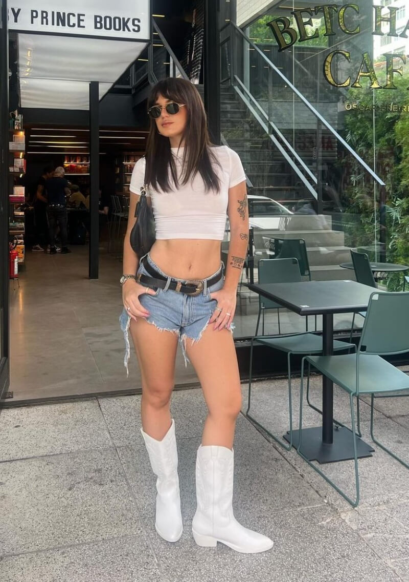 Ana Shumiski In White Crop Top With Denim Shorts