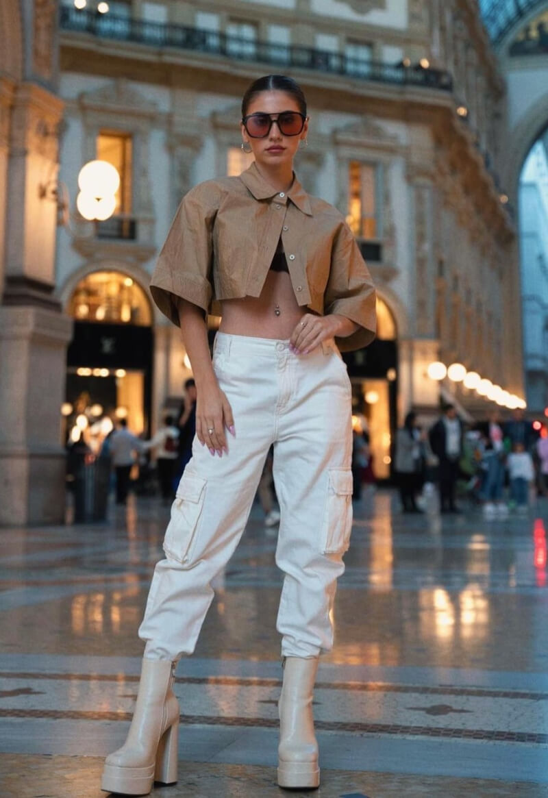 Andrea Garte In Crop Shirt With White Pants