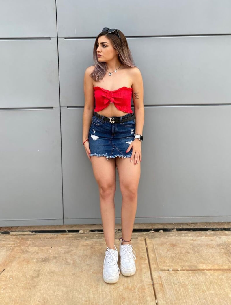 Ariana Cortes Glez In Red Strapless Top With Denim Mini Skirt