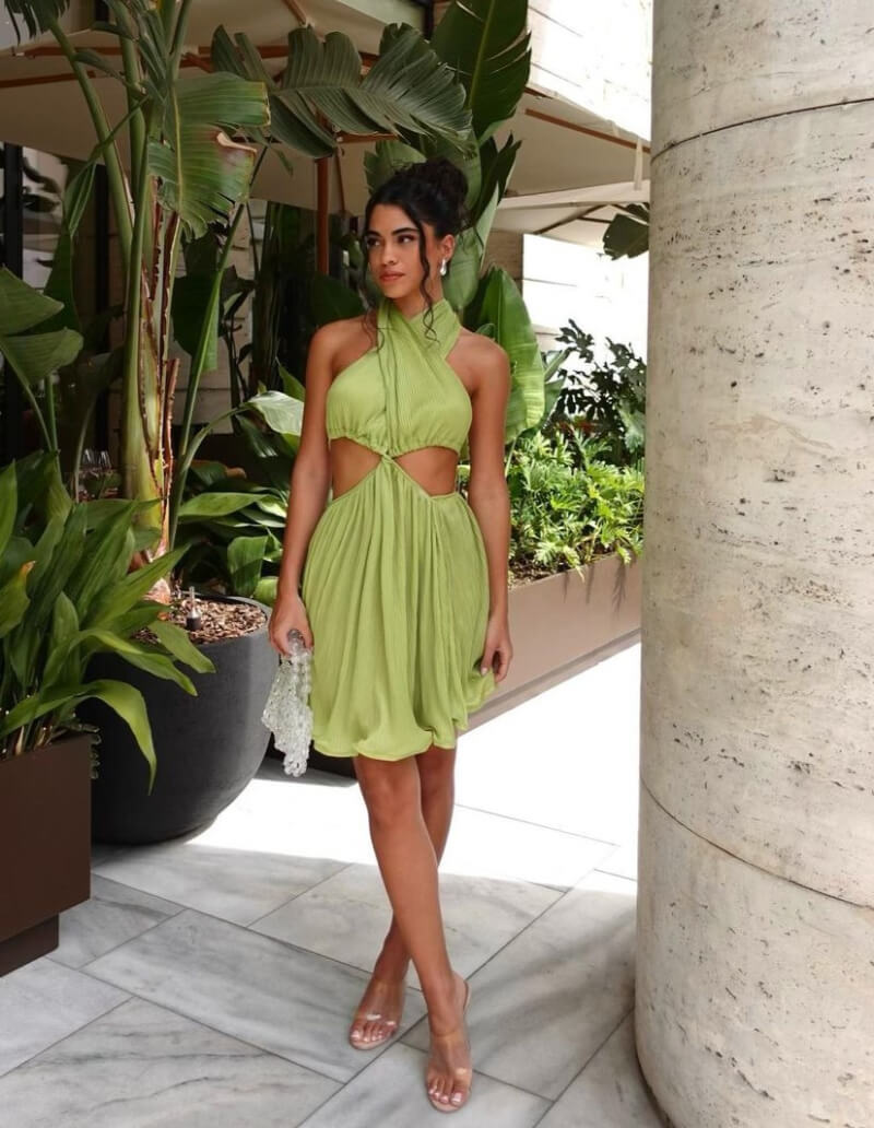 Ava Salmac In Green Cut-Out Short Dress