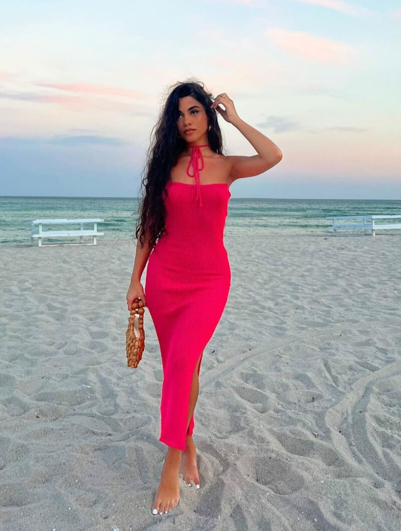 Ava Salmac In Pink Woolen Strapless Long Dress