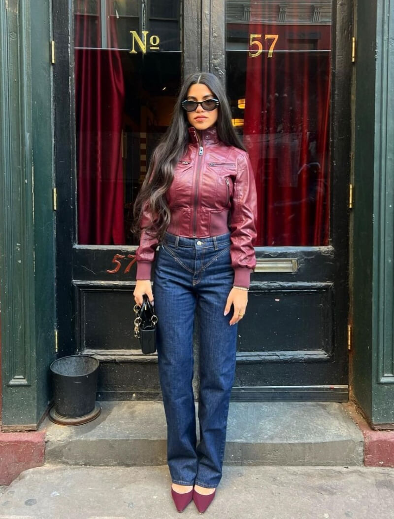 Ava Salmac In Red Leather Jacket With Denim Jeans