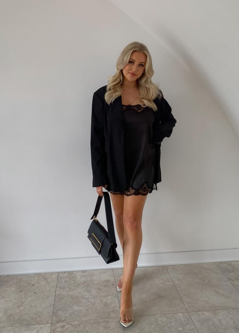 Casee Brim In Black Blazer With Mini Dress