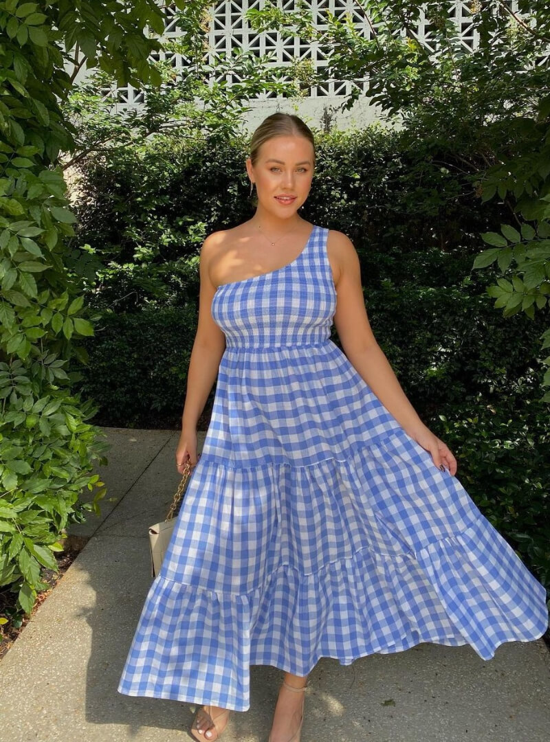 Casee Brim In Blue Checked Frill Long Maxi Dress