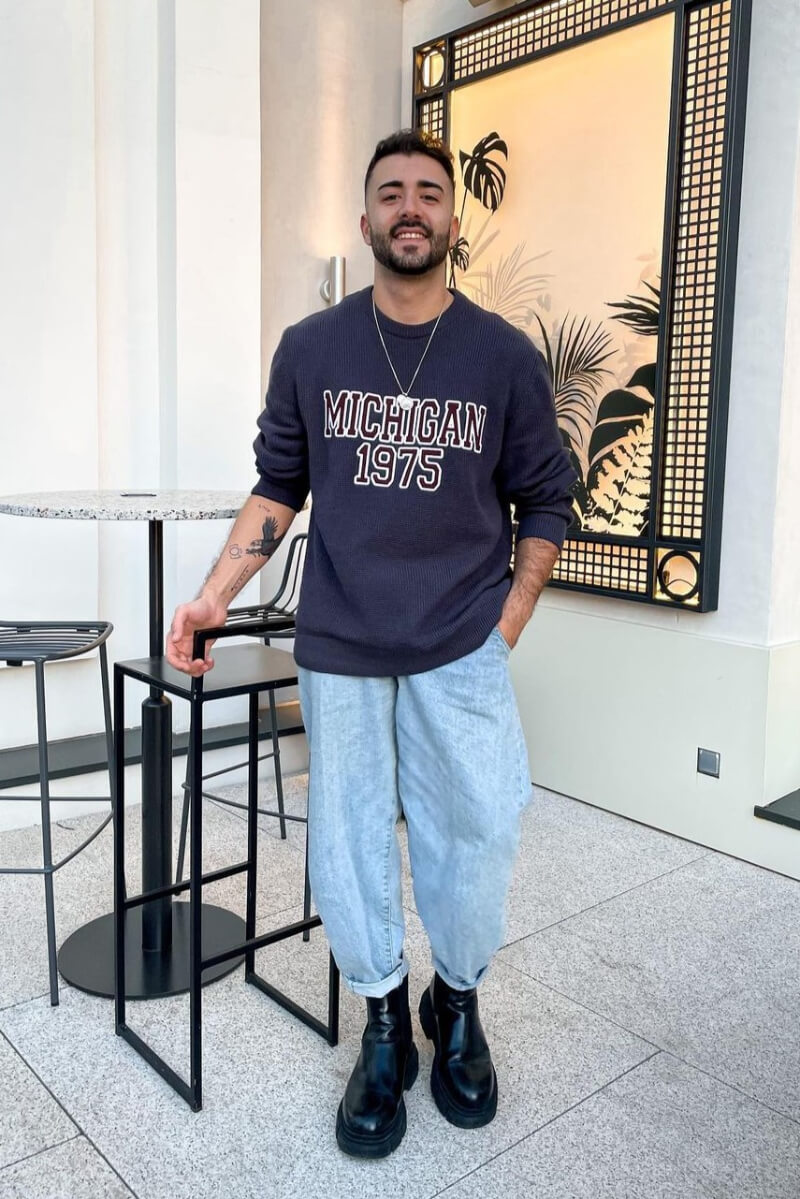 Christian Olmeedo In Blue Sweatshirt With Denim Jeans