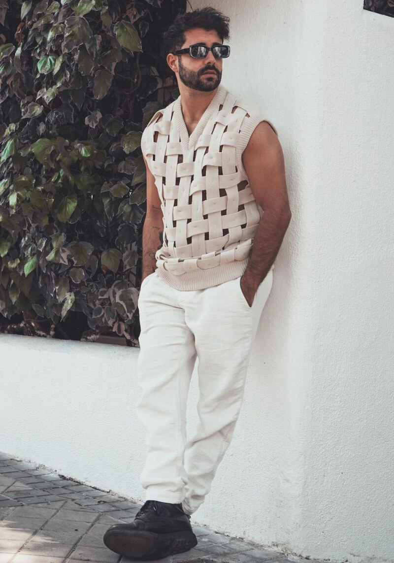 Christian Olmeedo In Crochet Woven Sweater With White Pants