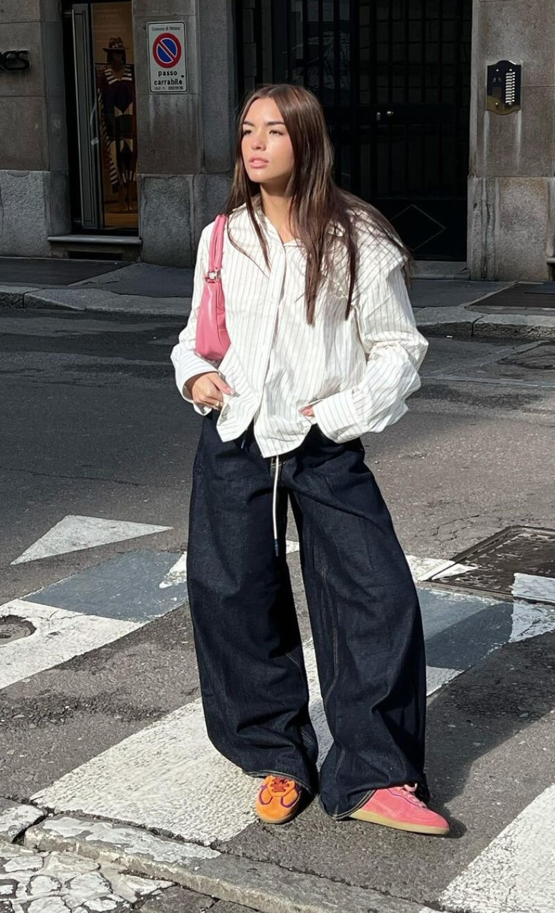 Clara Kong Vila In a White Striped Shirt With Baggy Jeans
