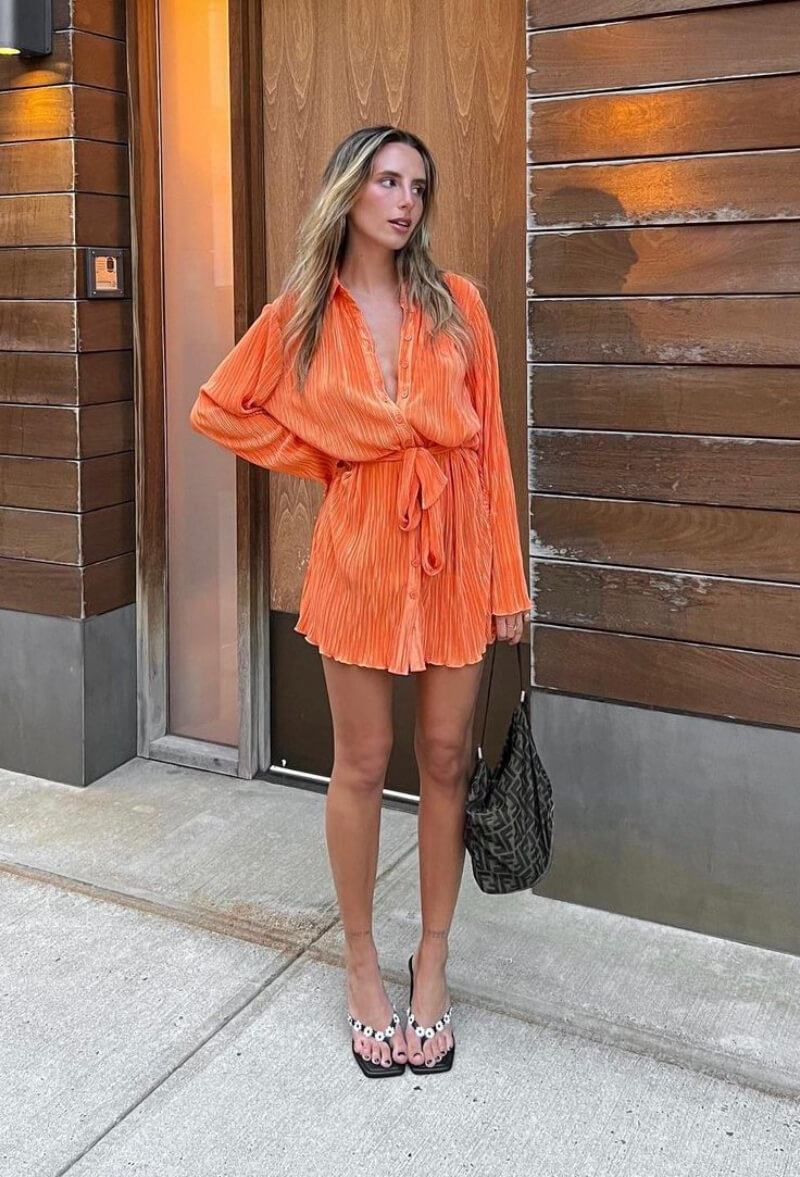 Clemence In Orange Pleated Short Dress