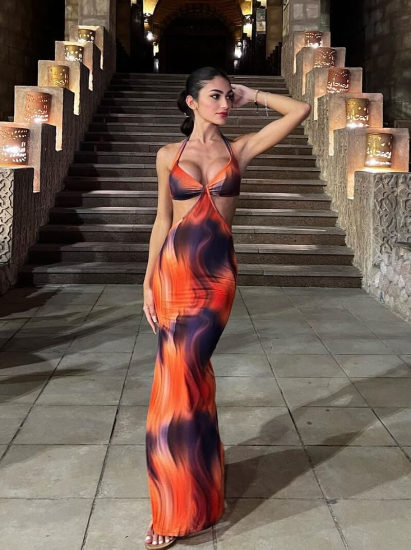 Dalila Cascone In Orange Printed Cut Out Long Dress