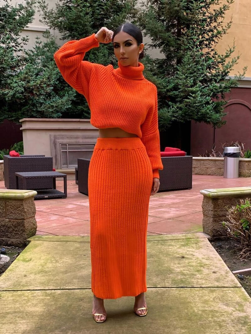Faryal Makhdoom In Orange Woolen Co-Ord Set