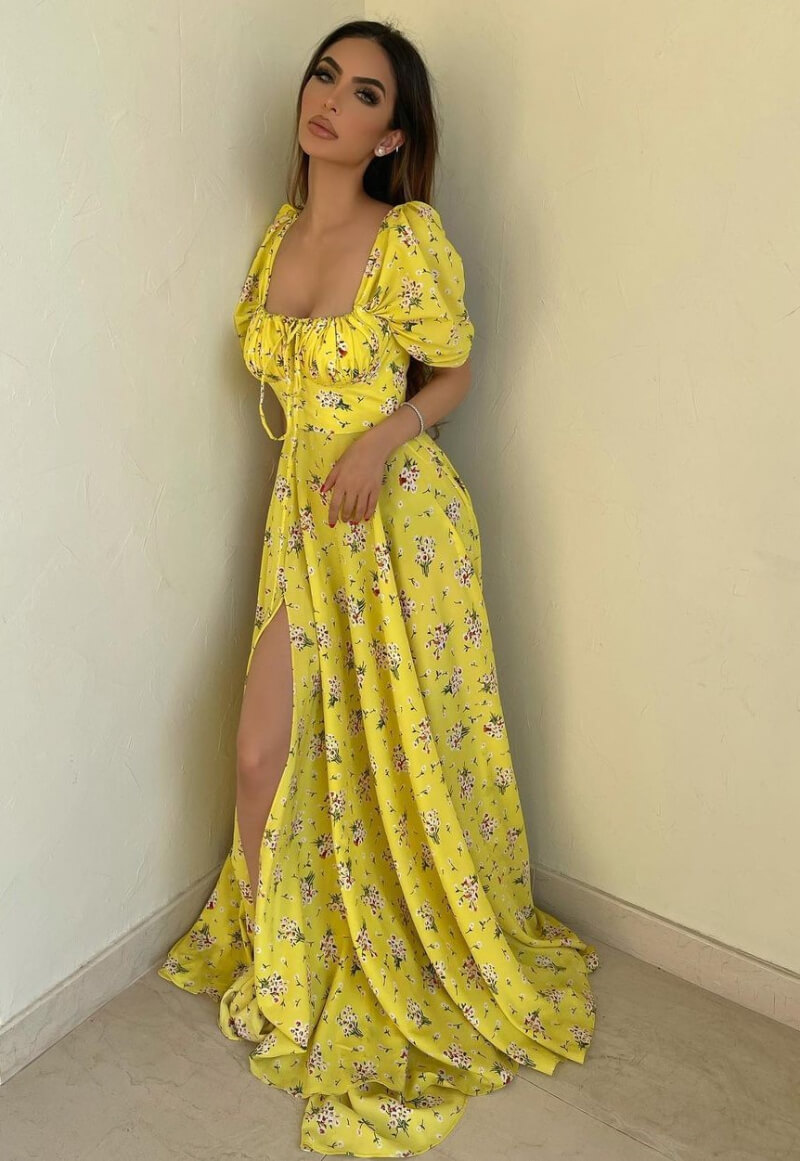 Faryal Makhdoom In Yellow Printed Slit Cut Long Dress