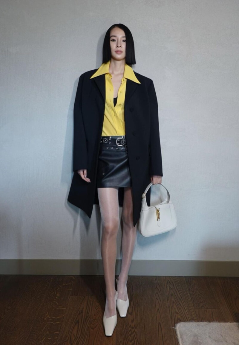 Irene In Black Long Blazer With Leather Mini Skirt