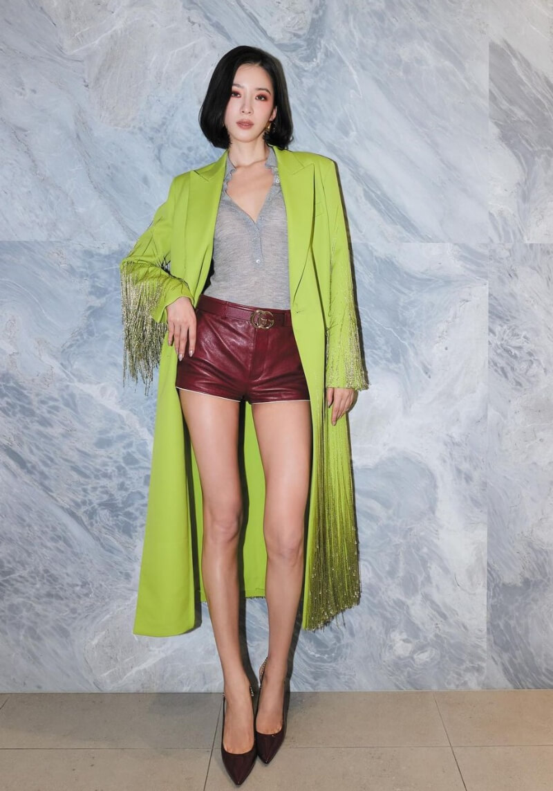 Irene In Grey T-shirt and Shorts With Neon Long Coat