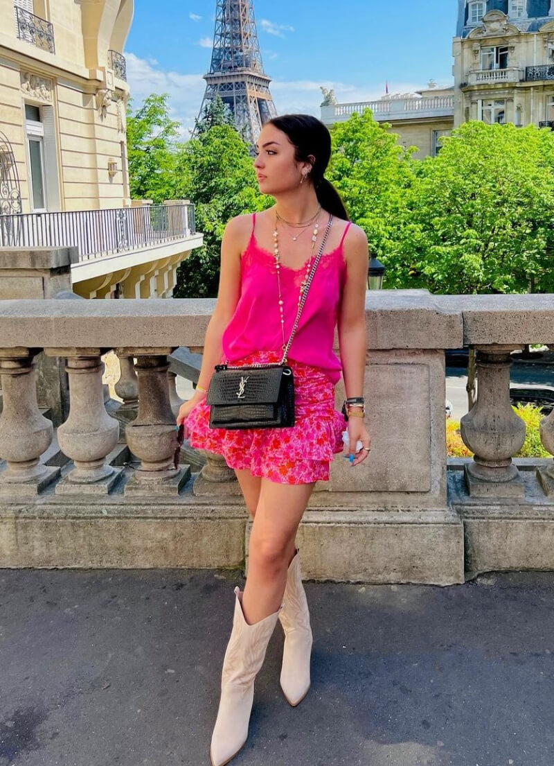 Kimberly In Pink Tank Top With Printed Mini Skirt