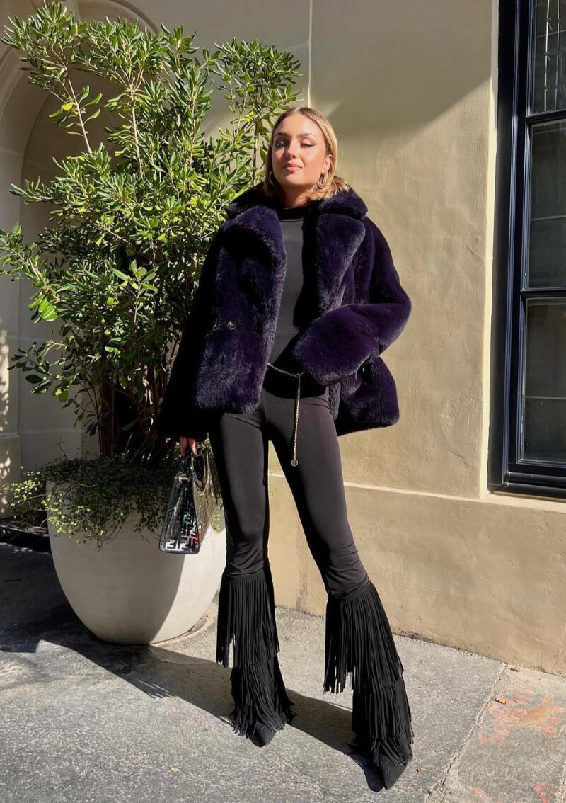 Kimberly In a Velvet Fur Jacket With Fringe Pants