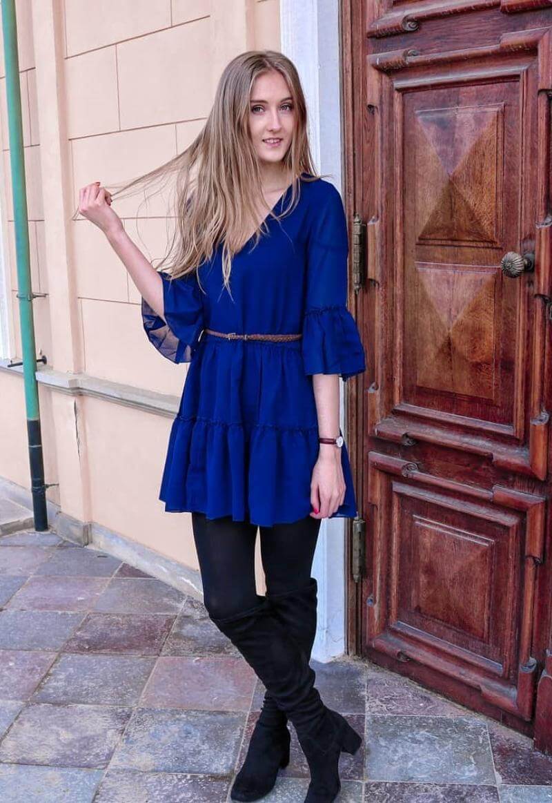 Marta Marczynska In Blue Ruffle Short Dress