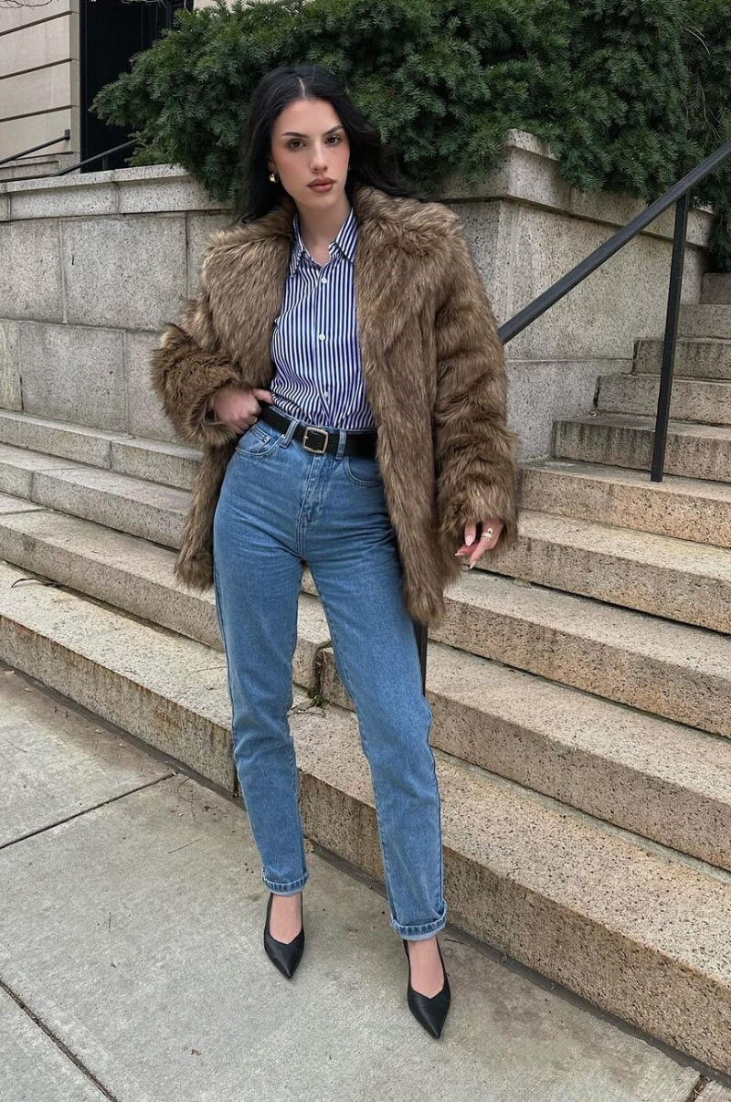 Natalie Violette In Fur Jacket Under Striped Shirt With Jeans