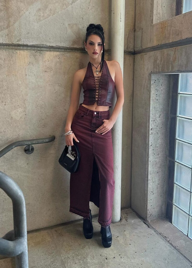 Natalie Violette In Leather Top With Red Denim Long Skirt