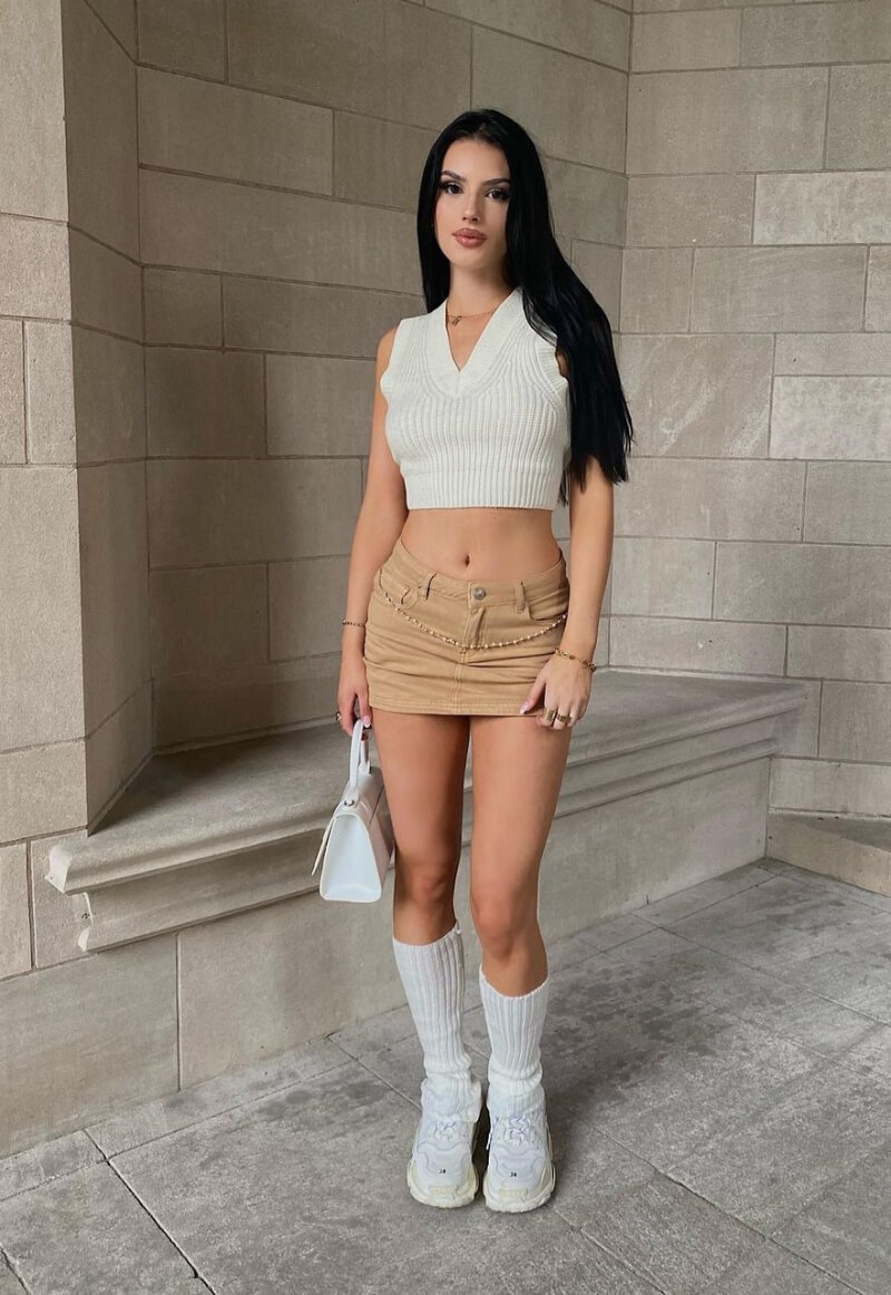 Natalie Violette In White Woven Top With Mini Skirt