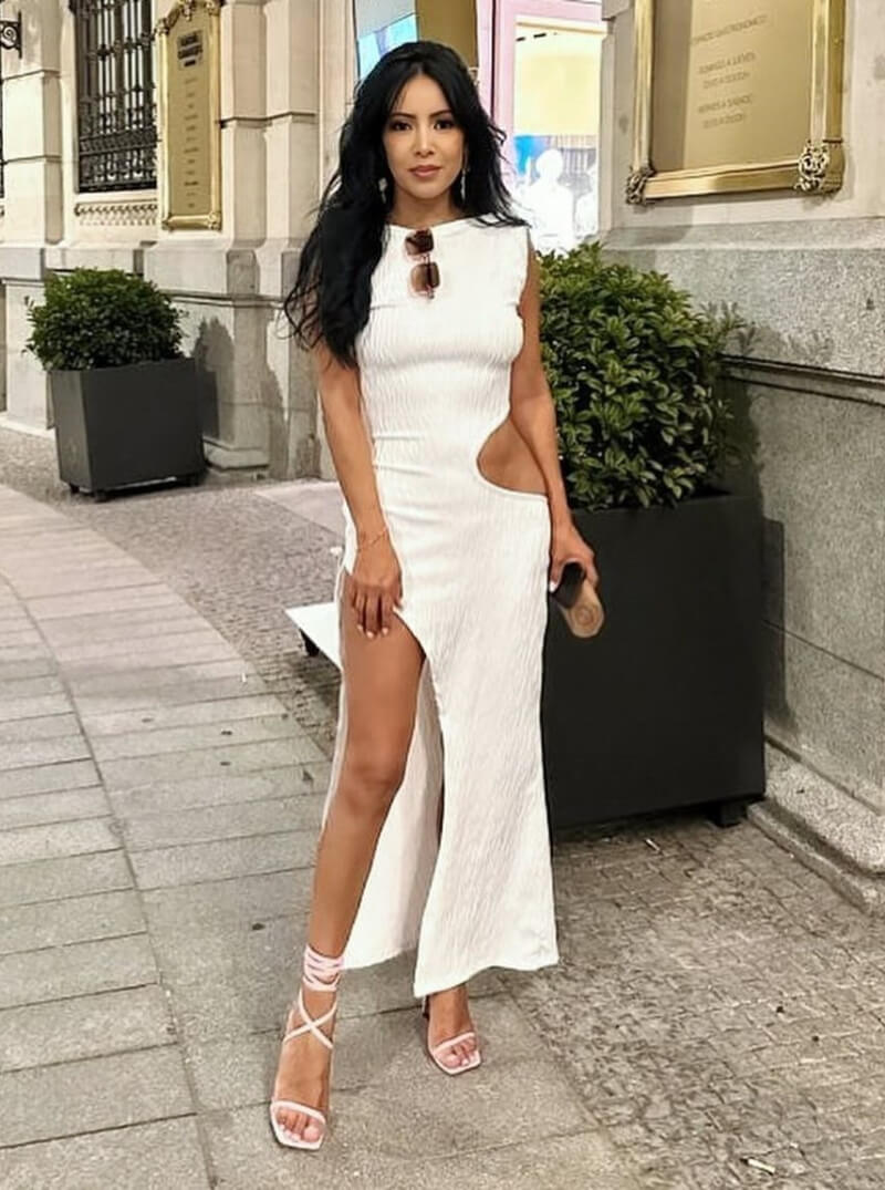 Natasha Fonte In White Cut Out Slit Cut Long Dress