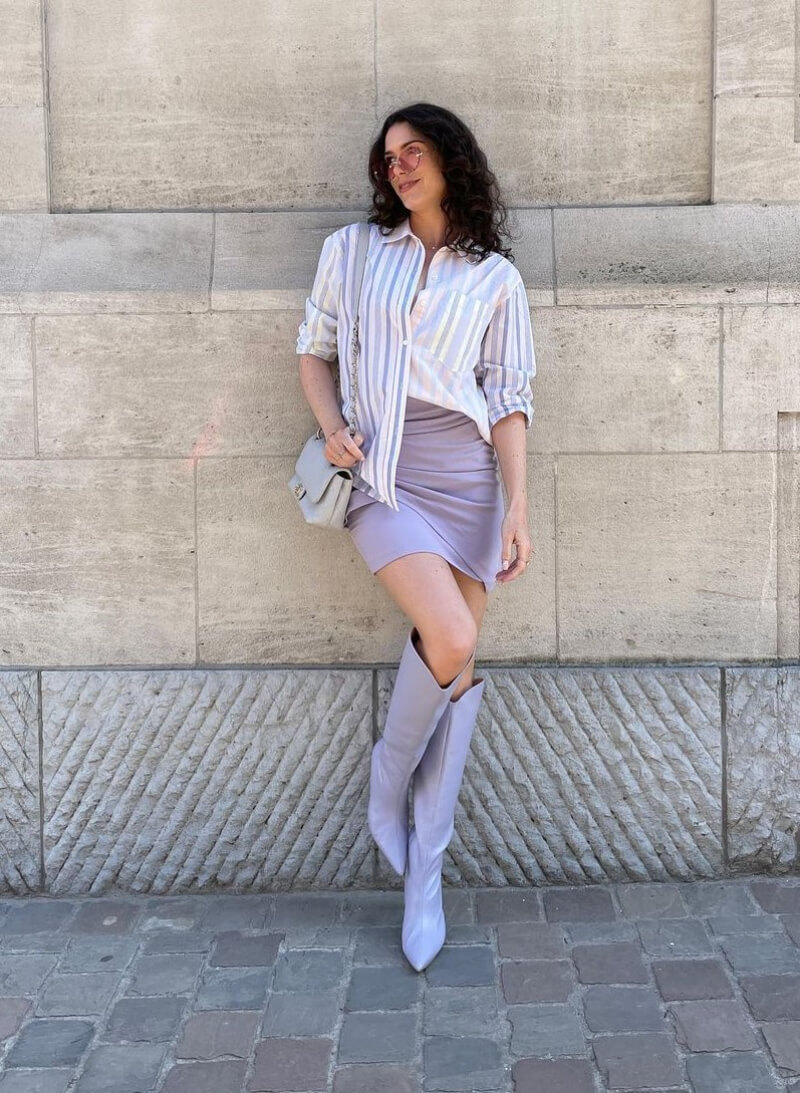 Nathalie Van den Berg In Striped Shirt With Short Skirt