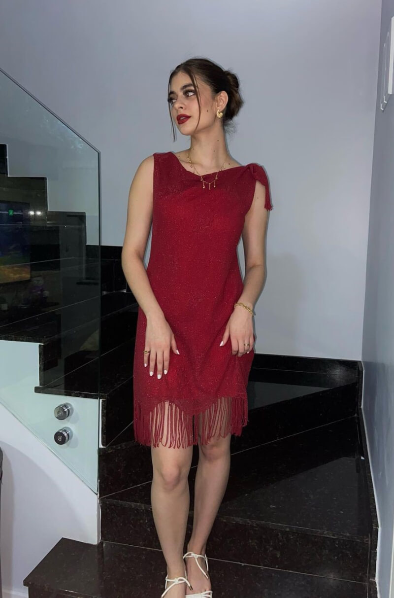 Quezia Bonato In Red Sleeveless Fringe Short Dress