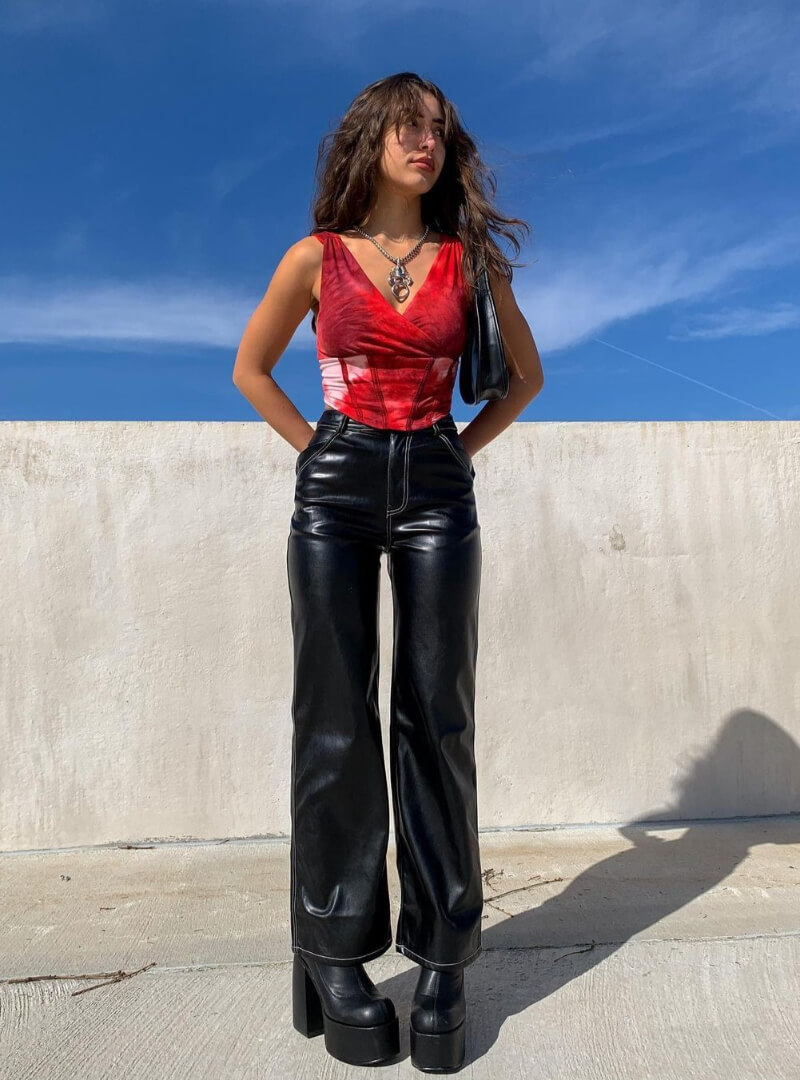 Sarah Mtimet In Red Cami Top With Black Leather Pants