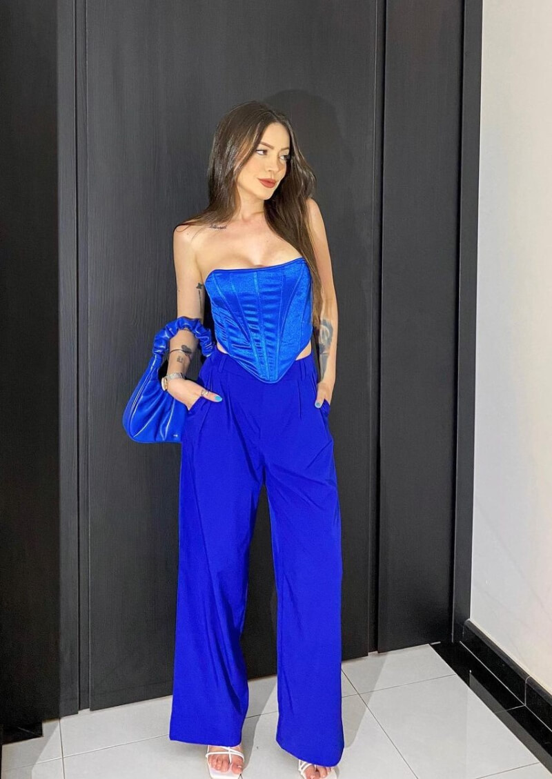 Taty Salomao In Blue  Strapless Top With Pants