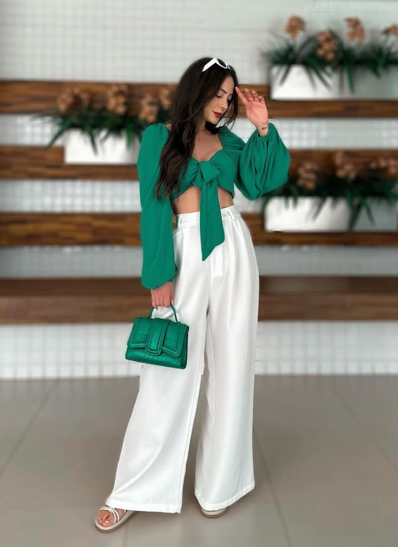 Taty Salomao In Green Cami Top With White Pants