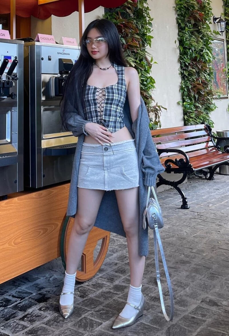 Thao Vy In Checked Crop Top With Mini Skirt