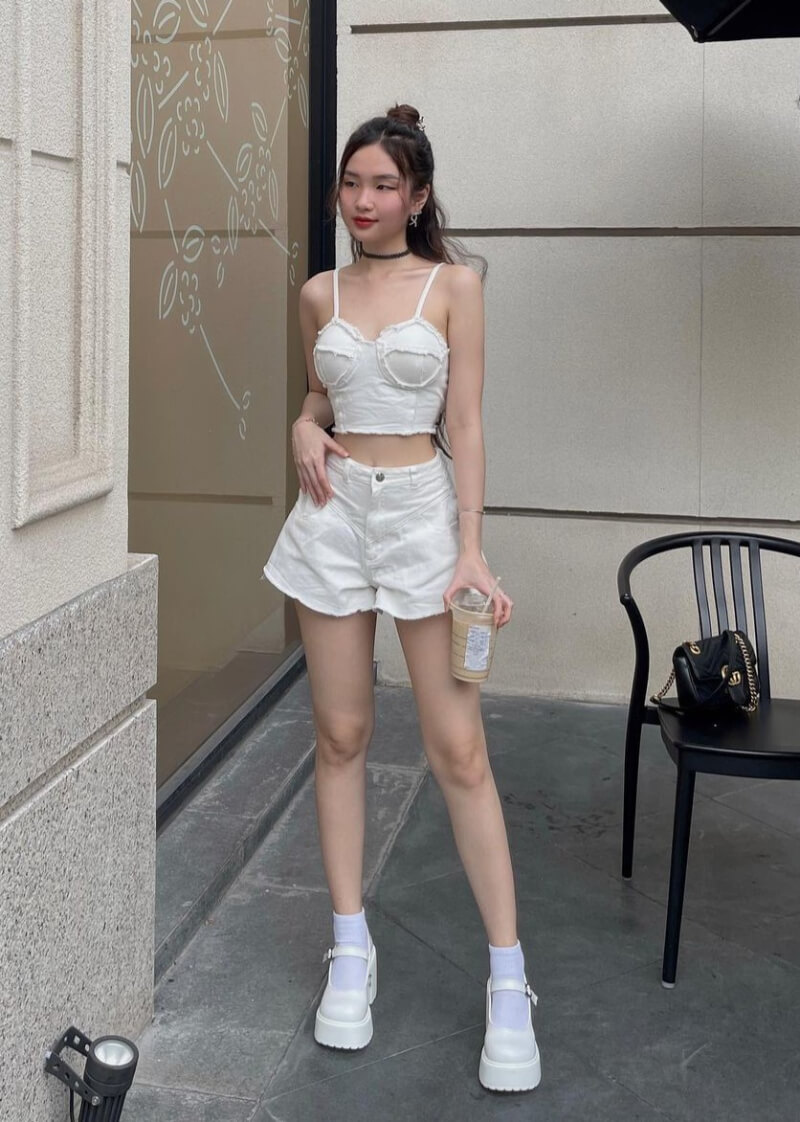 Thao Vy In White Cami Top With Shorts