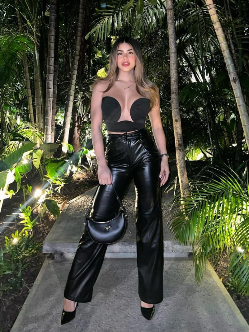 Victoria Valentina Acosta Farias In Black Bralette Top With Leather Pants