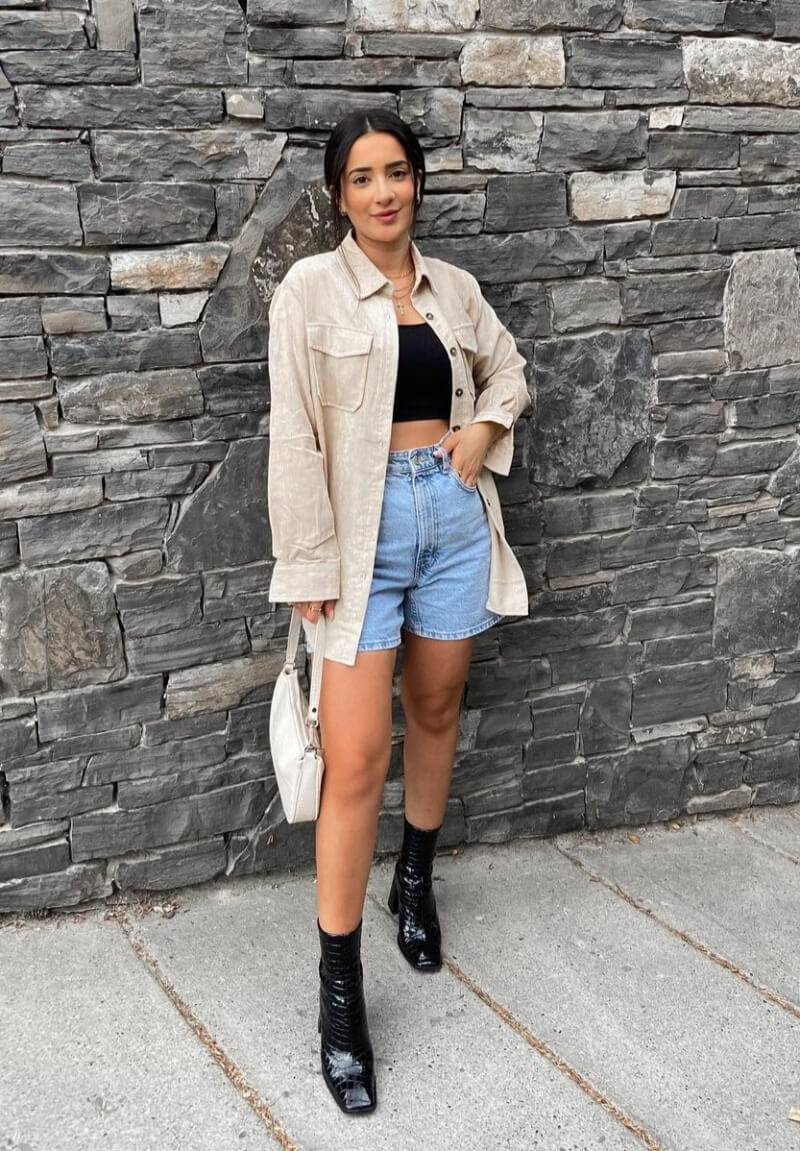 Adelle Zaya In Denim Long Shirt With Shorts