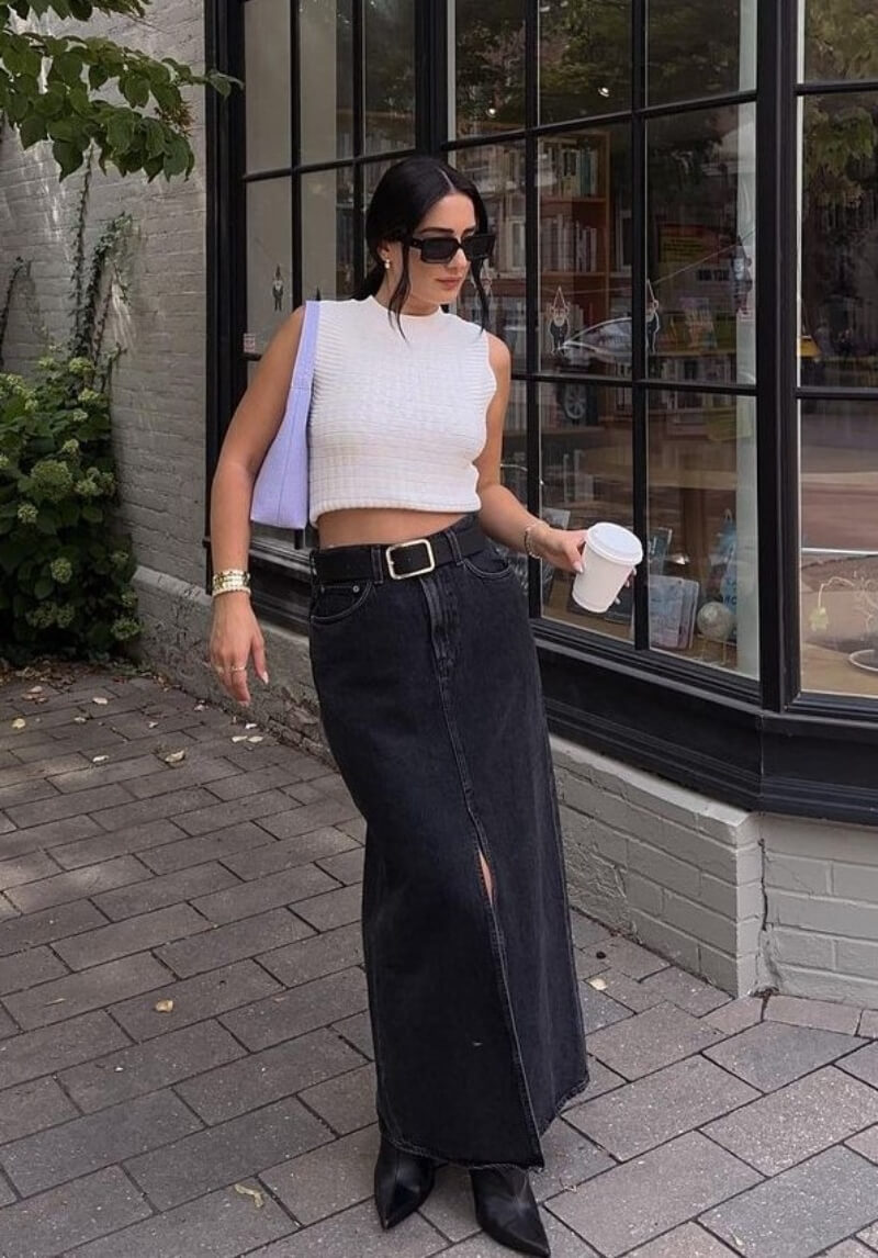 Adelle Zaya In White Crop Top With Denim Long Skirt