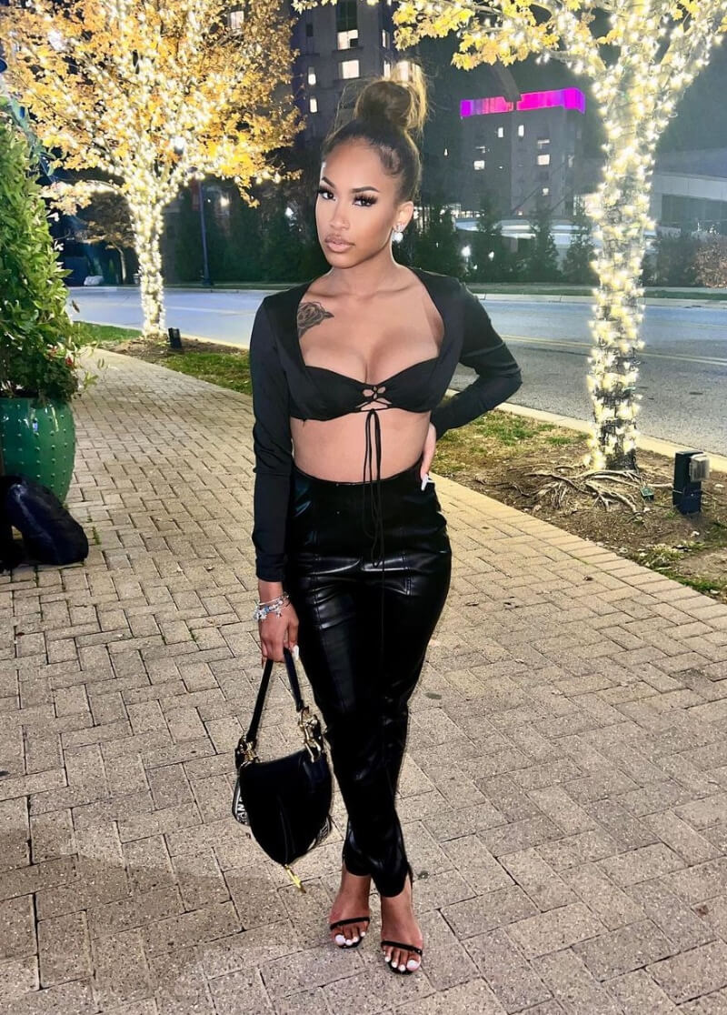 Araya Evans In Black Bralette Top With Leather Pants