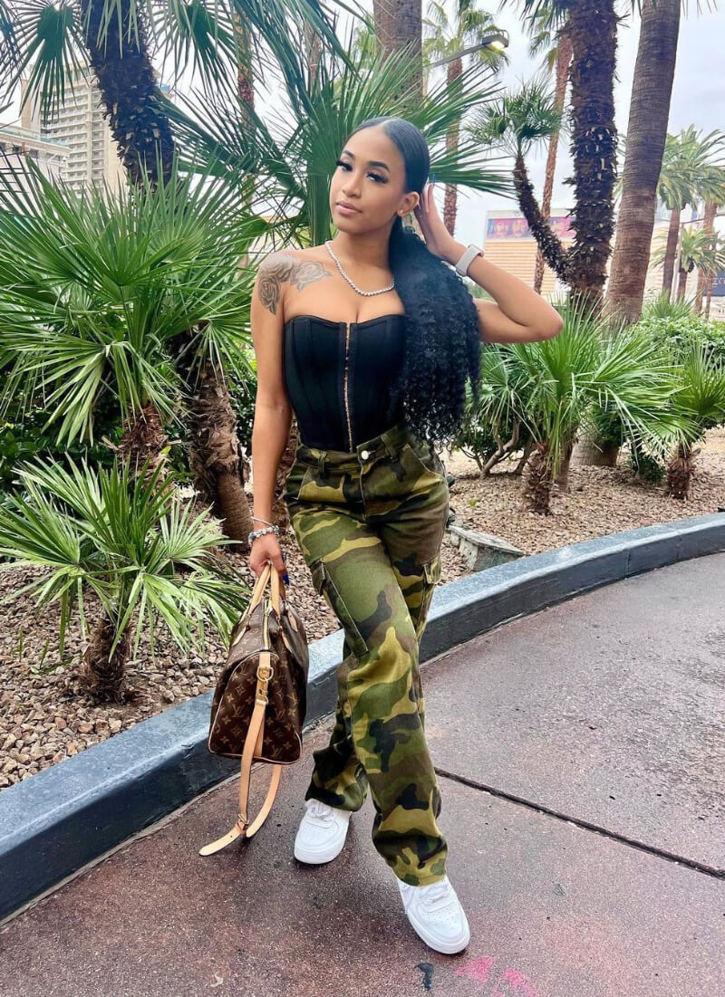 Araya Evans In Black Strapless Top With Cargo Pants