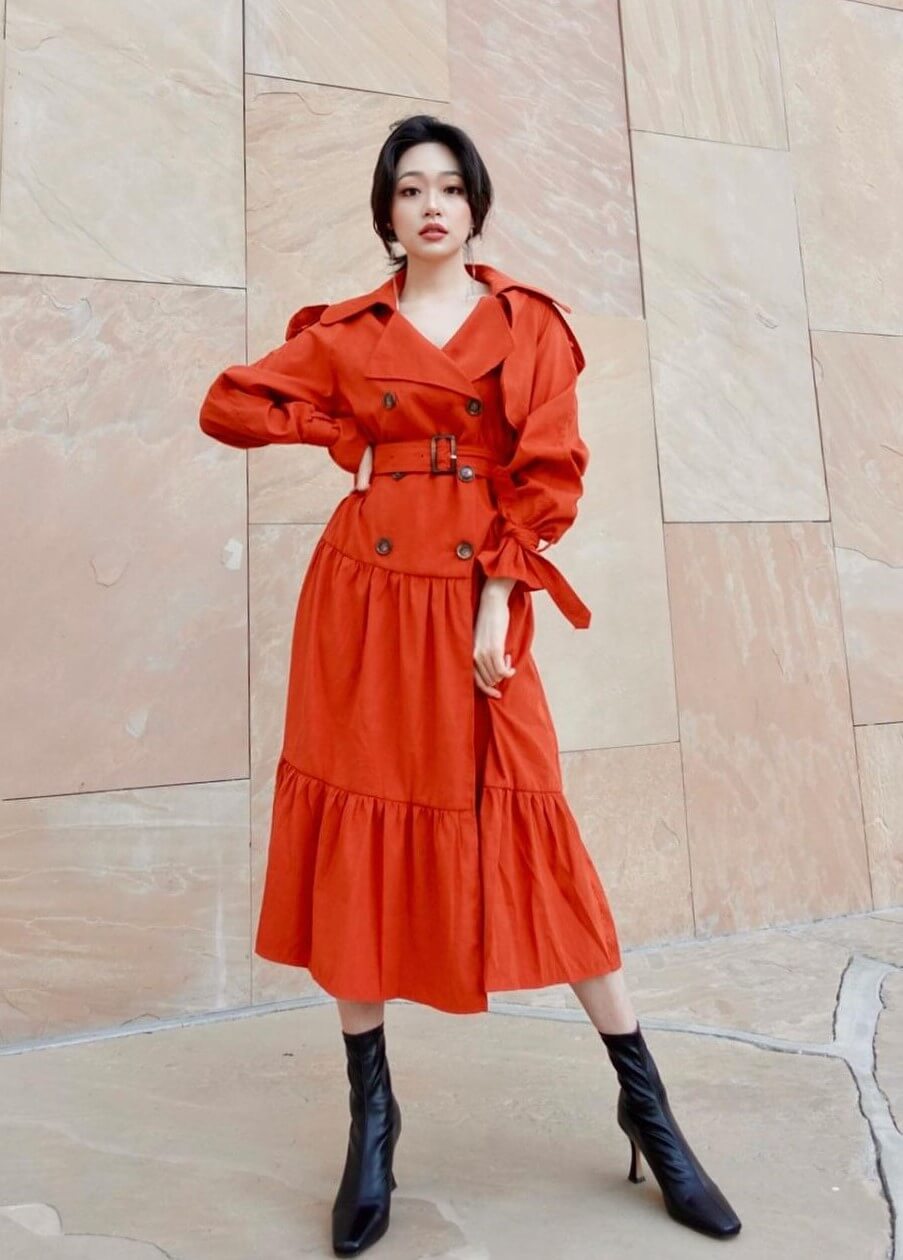 Jasmine Cho In Orange Denim Frill Long Dress