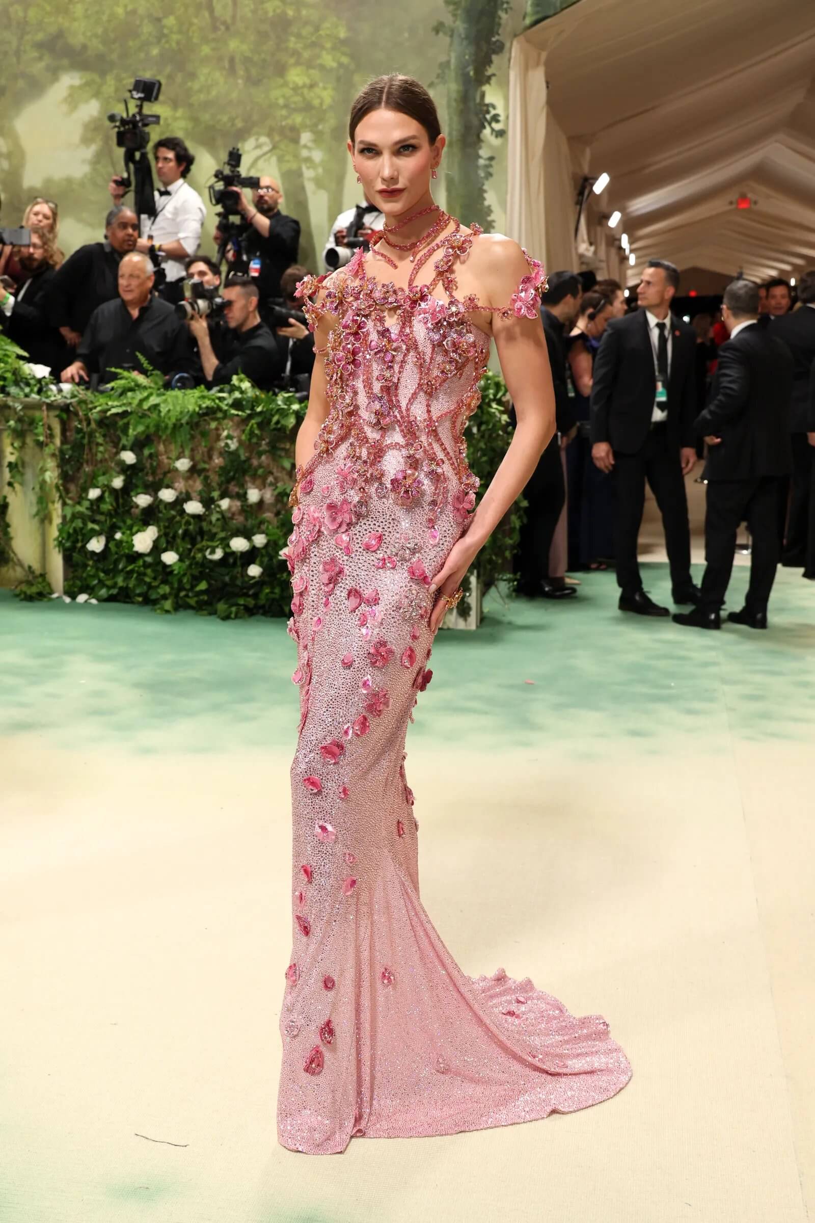 Karlie Kloss In Pink Floral Design Long Gown