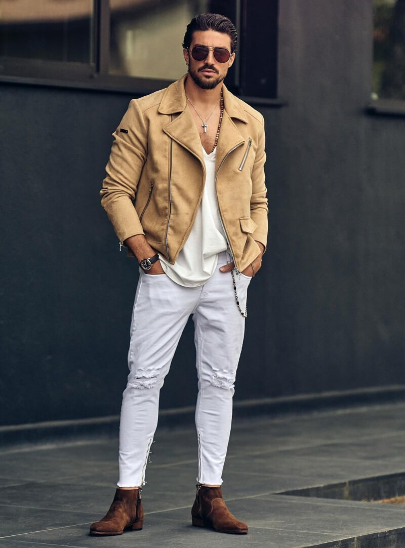 Mariano Di Vaio In Beige Jacket With White Pants