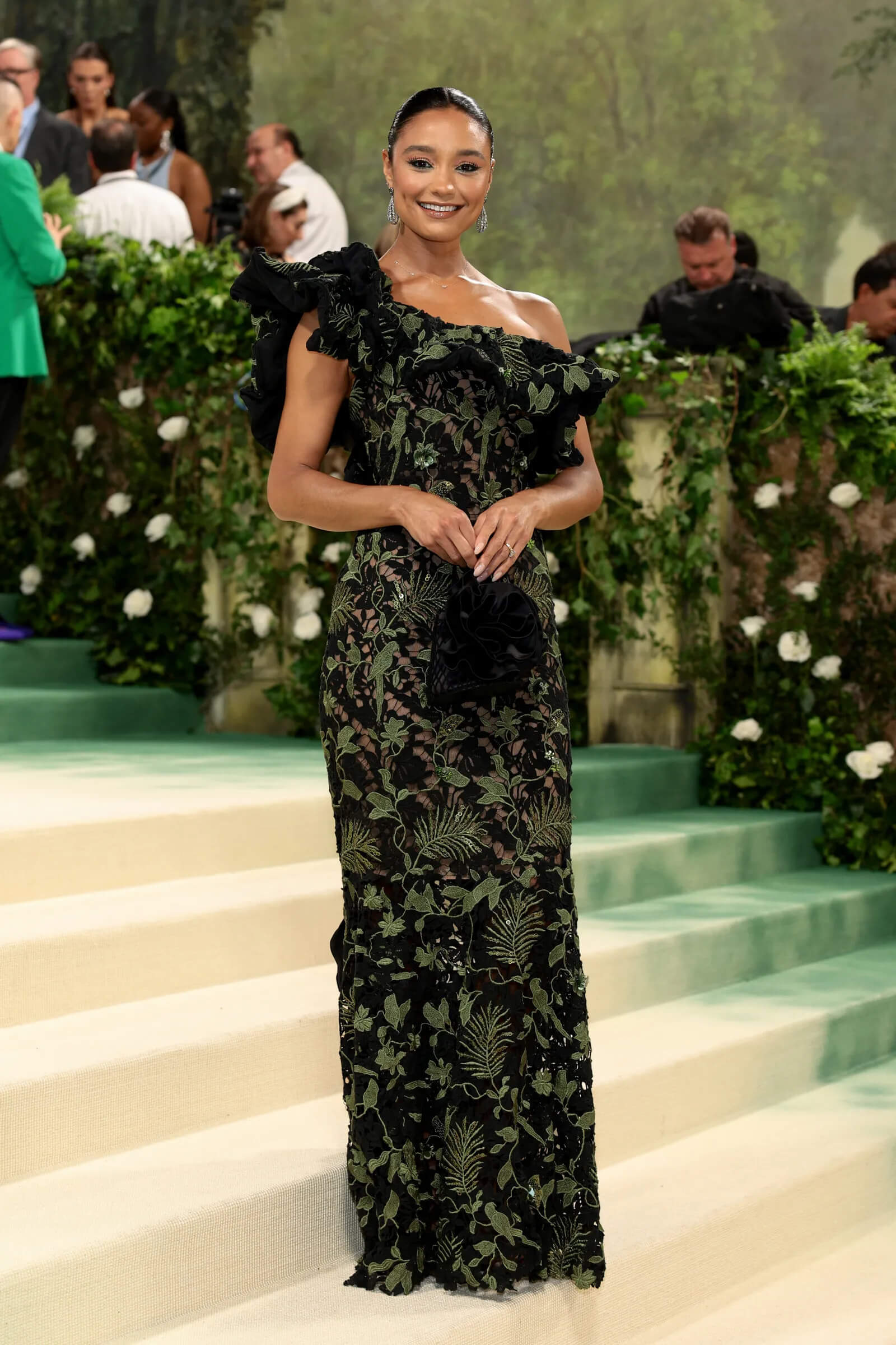 Rachel Smith In Olive Green Floral design Long Gown