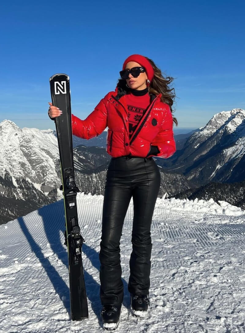 Sasaby Lopez  In Red Bomber Jacket With Leather Pants