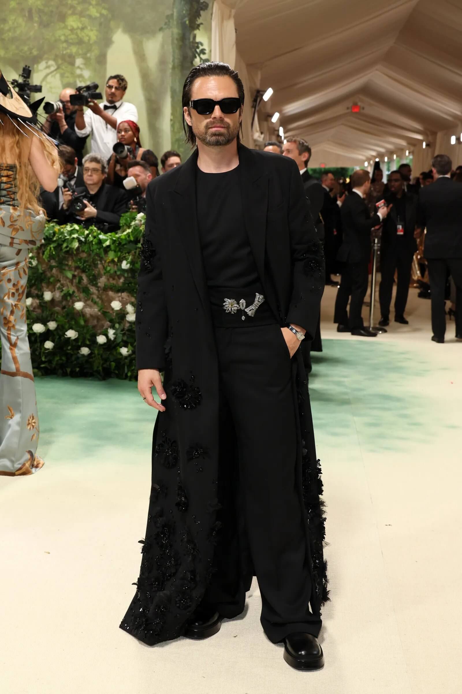 Sebastian Stan Classic In Black Embroidery Long Blazer