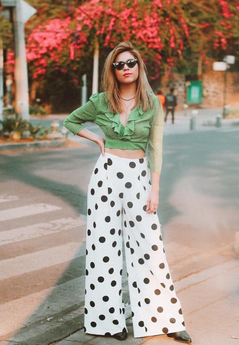 Tai Gálvez In Green Cami Top With Polka Dot Pants