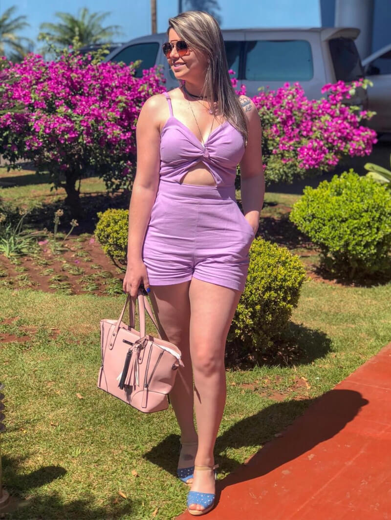 Aline Strack In Lavender Strap Sleeves Short Jumpsuit