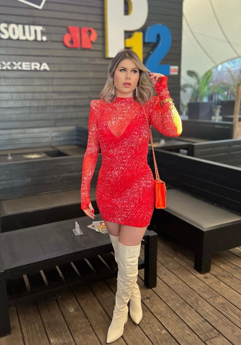 Aline Strack In Red Printed Full Sleeves Short Dress