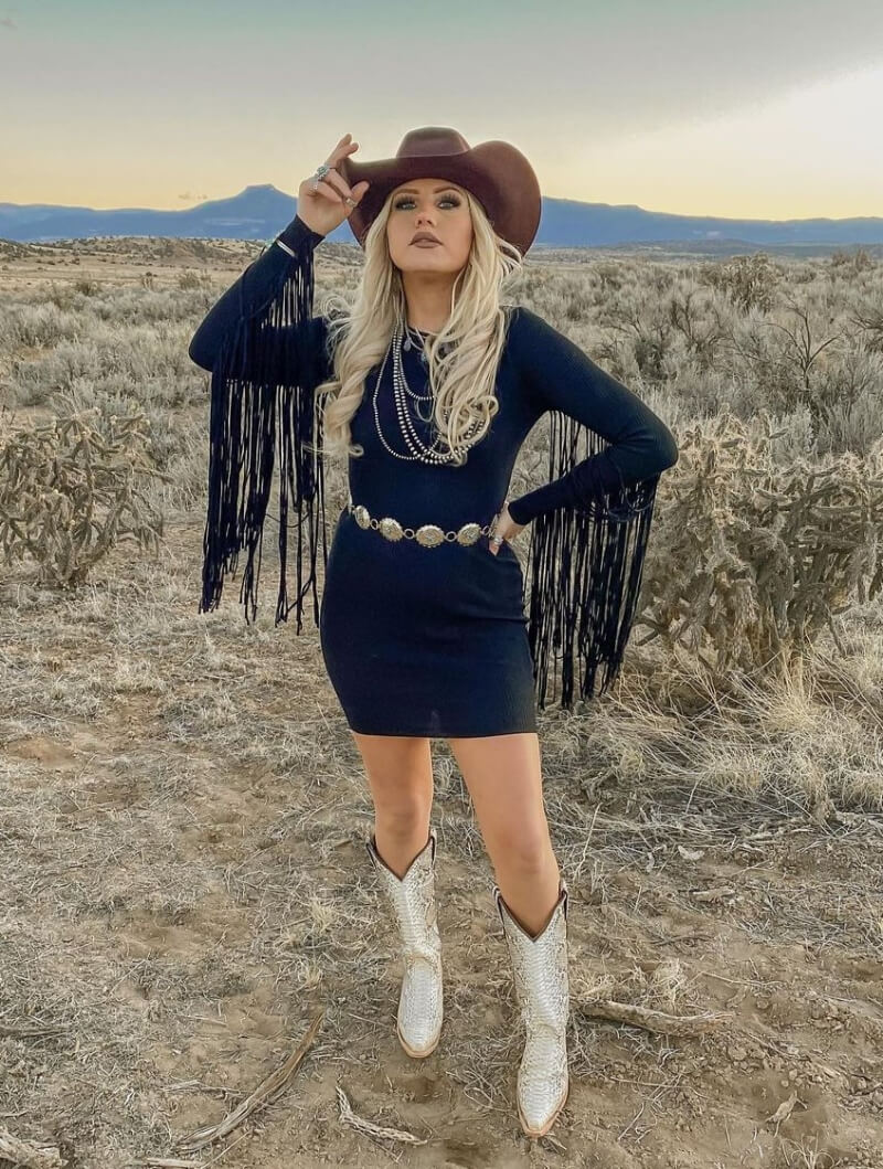 Brandinicc In Black Fringe Full Sleeves Short Dress