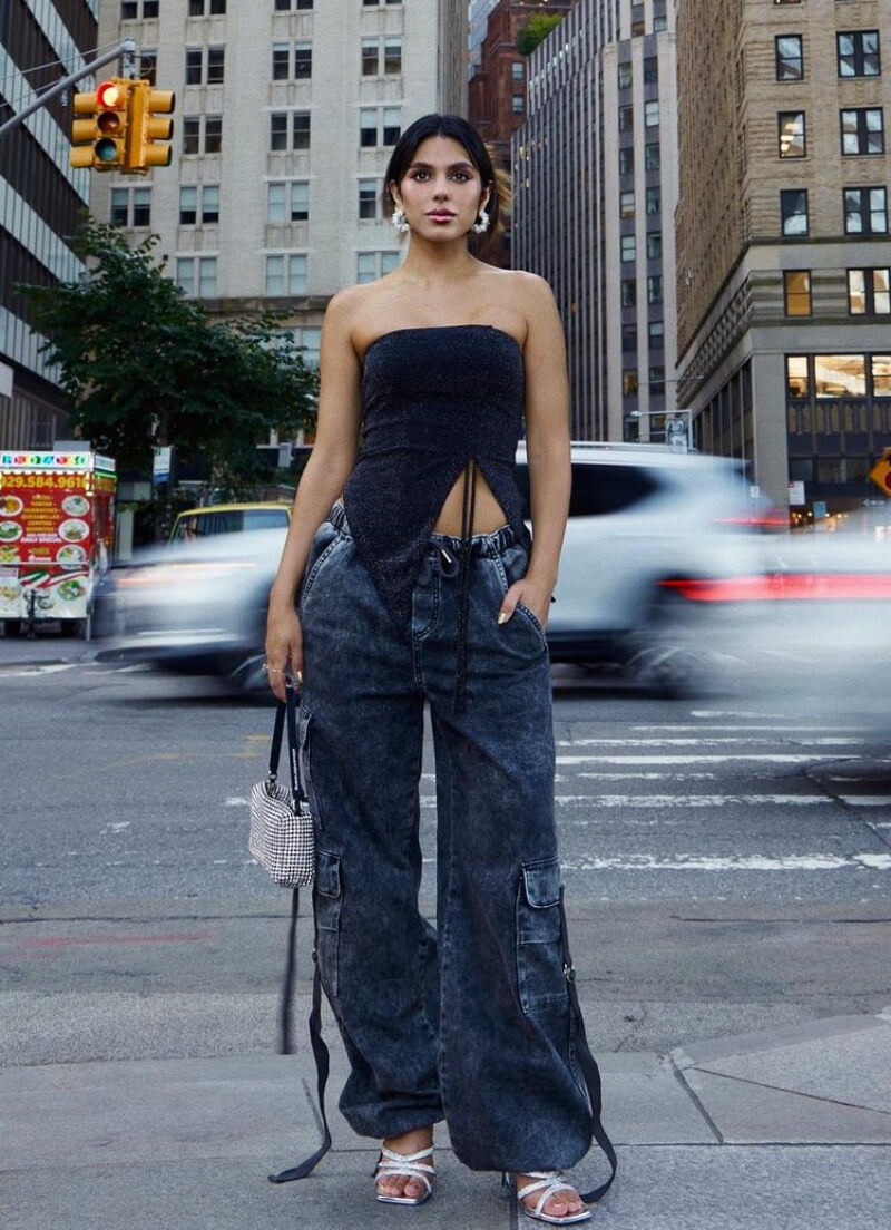 Daniela Nuñez Dodero In Velvet Strapless Top With Cargo Bottoms