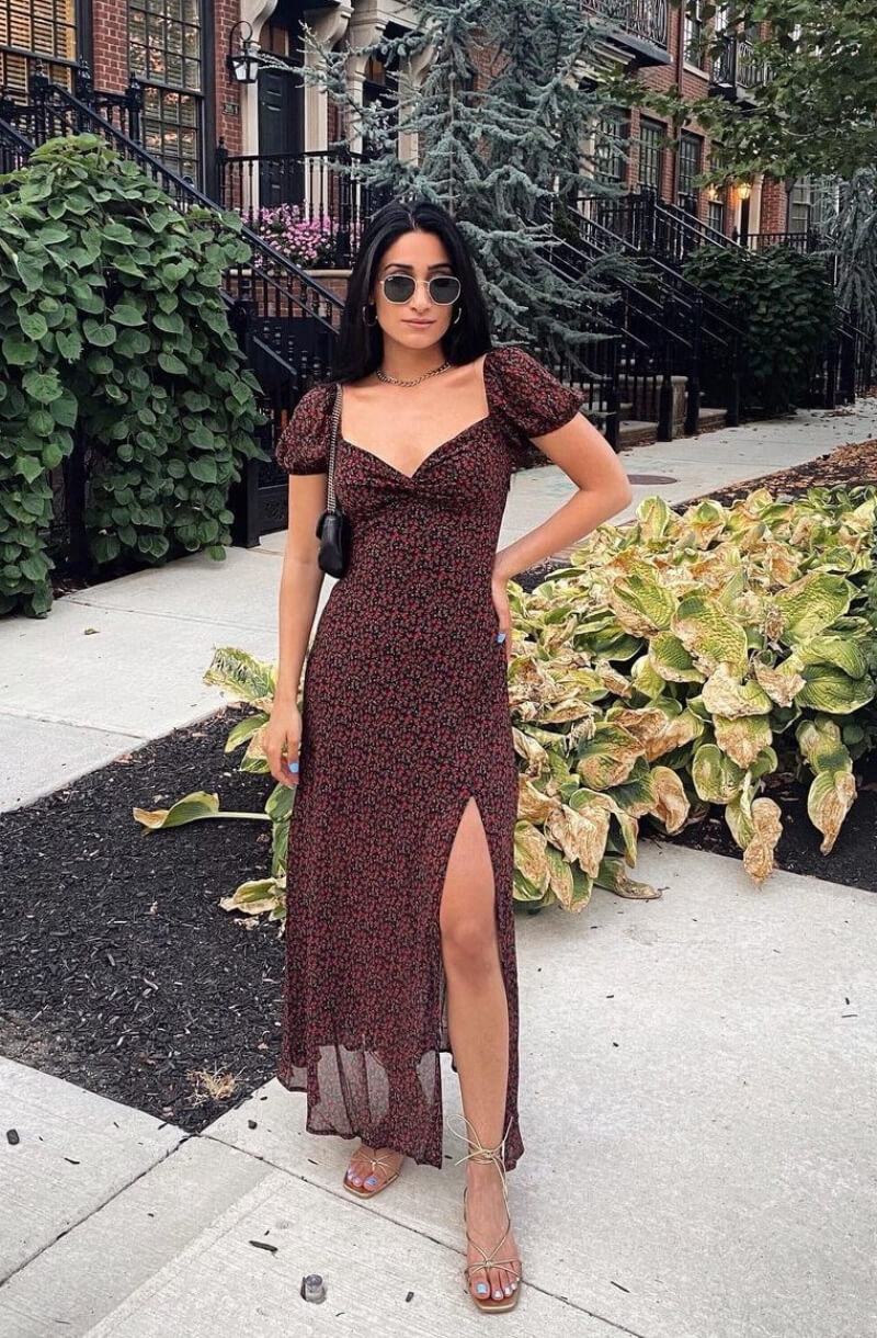Maaria Deek In Printed V Neck Slit Cut Long Dress