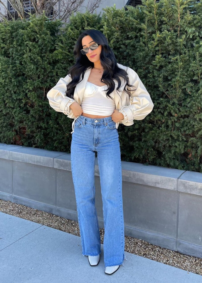 Maaria Deek In Satin Cream Short Jacket With Denim Bottom